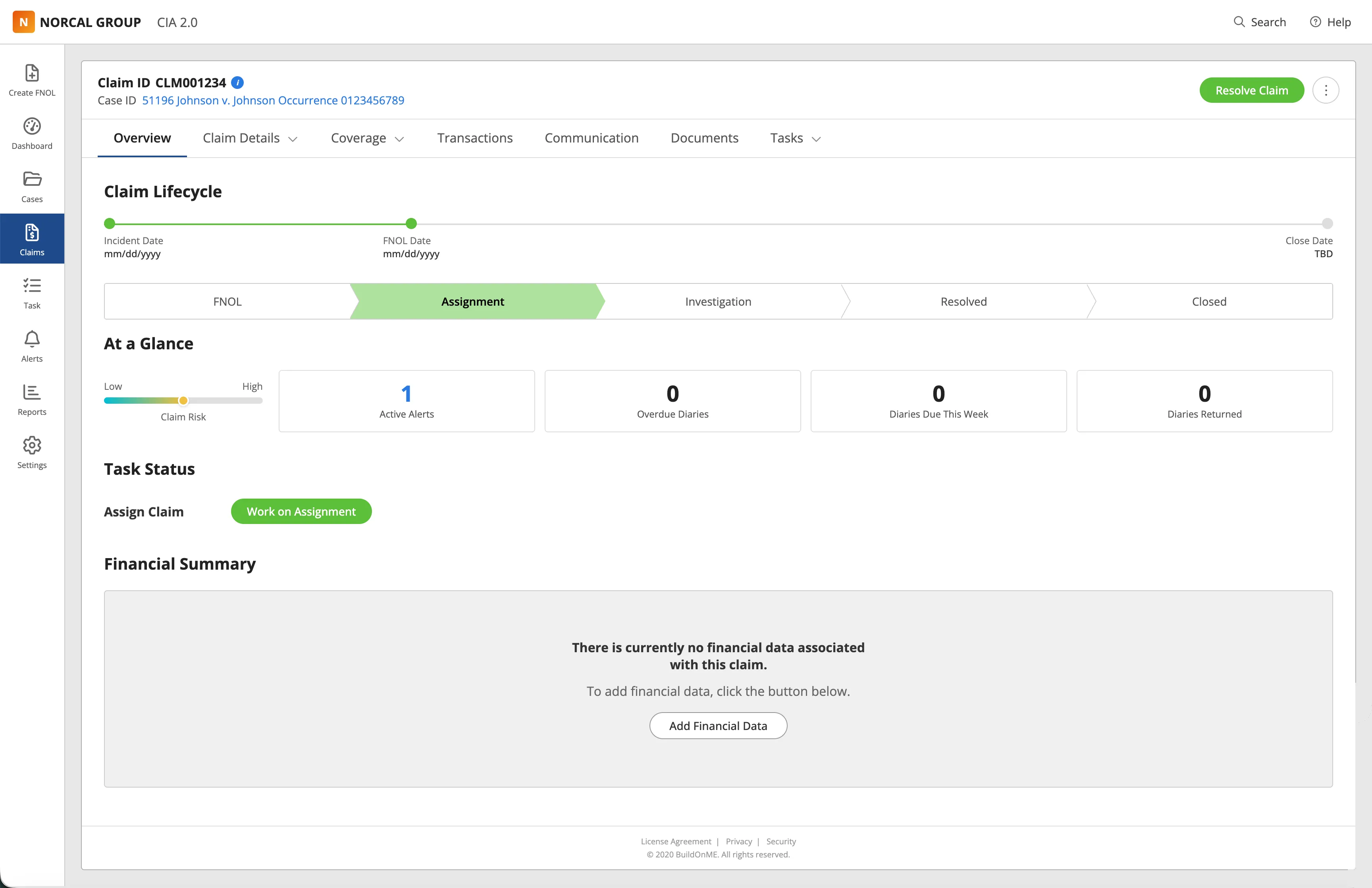 CIA 2.0 Claim Overview: claim lifecycle, at-a-glance risk, task status, and financial summary in one pane