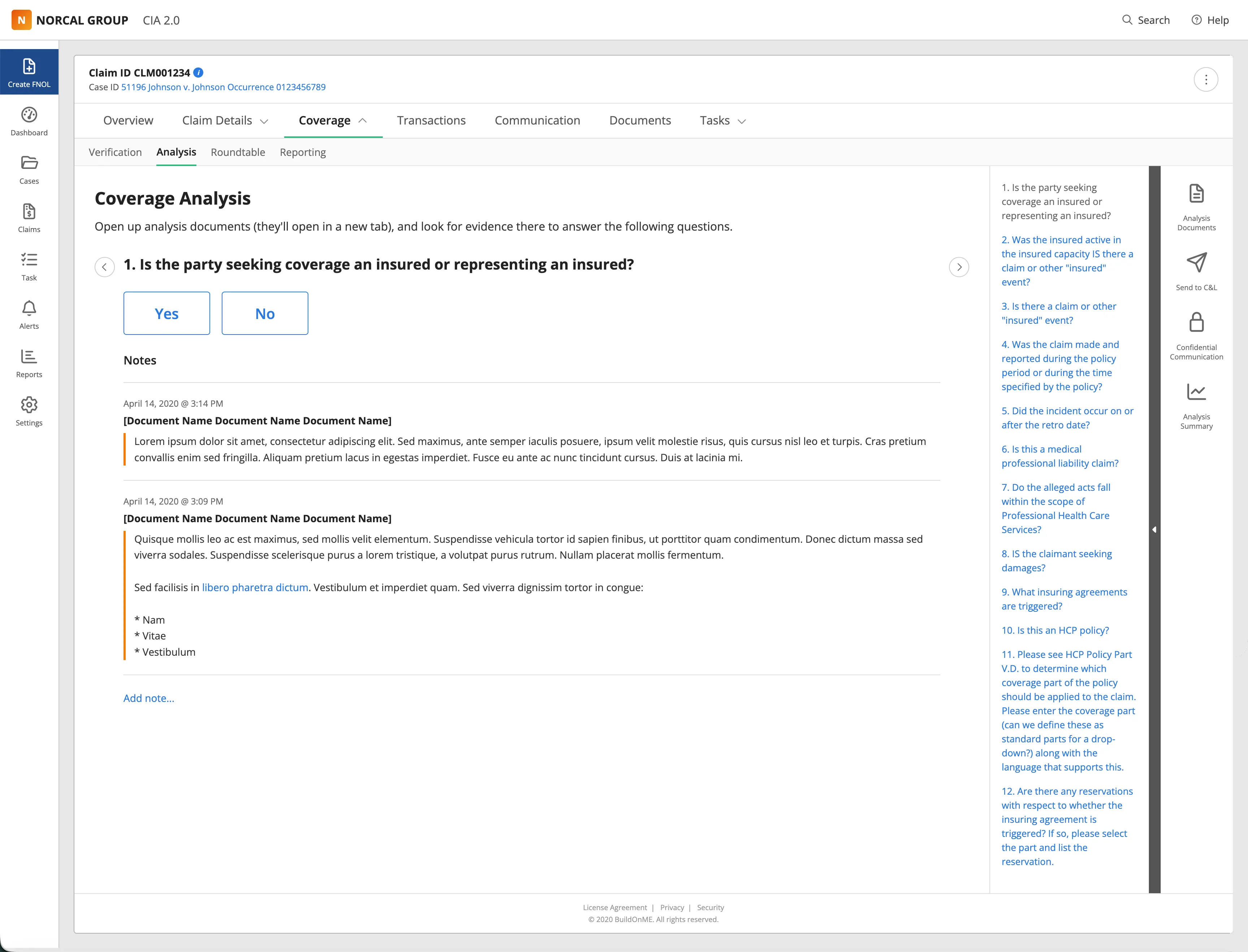 CIA 2.0 Coverage Analysis: a guided determination wizard with yes/no questions, an inline notes trail, and the 12-question checklist