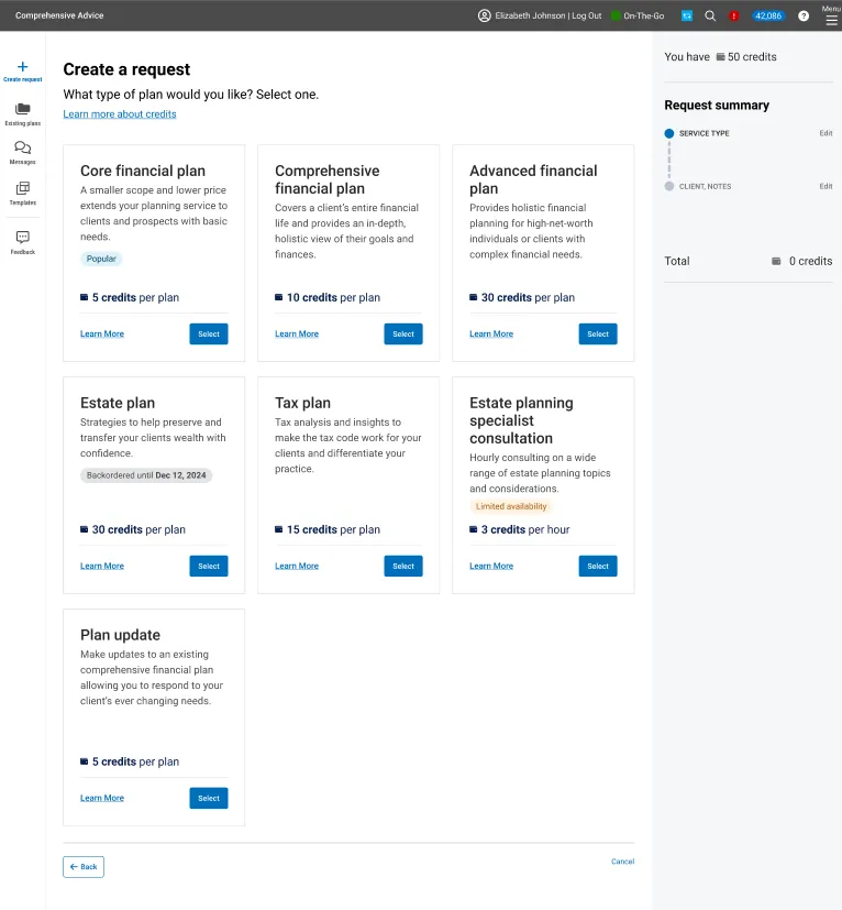 Flex Credits request flow: plan-type menu priced in credits, with a running credit balance and request summary
