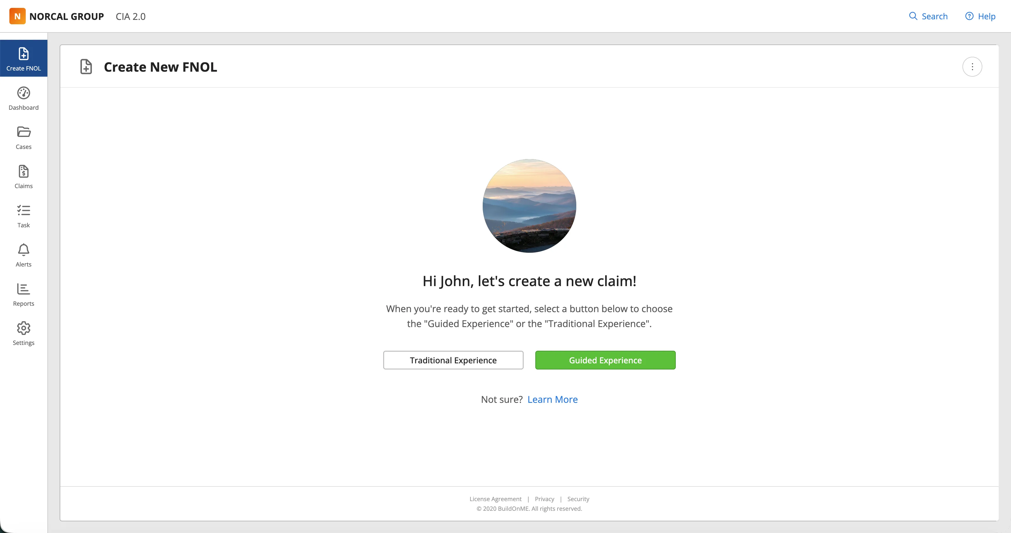 CIA 2.0 Create New FNOL: an entry screen offering a choice between a Traditional Experience and a Guided Experience