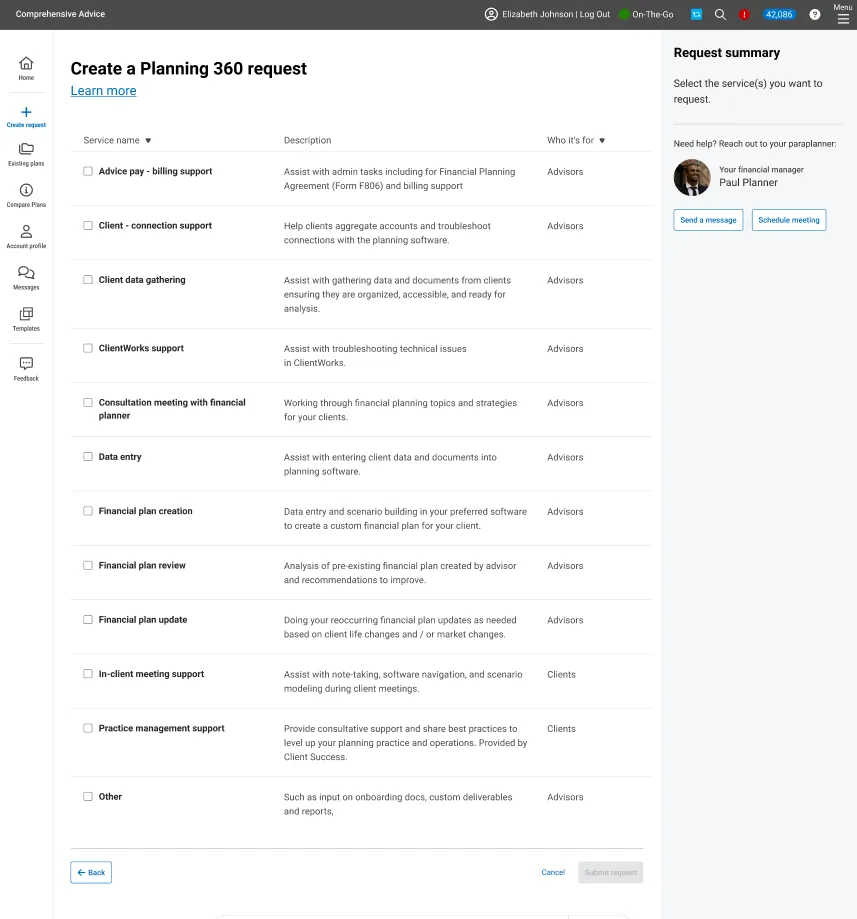 Planning 360 request menu: à la carte planning services with a request summary and a contact panel for the dedicated planner