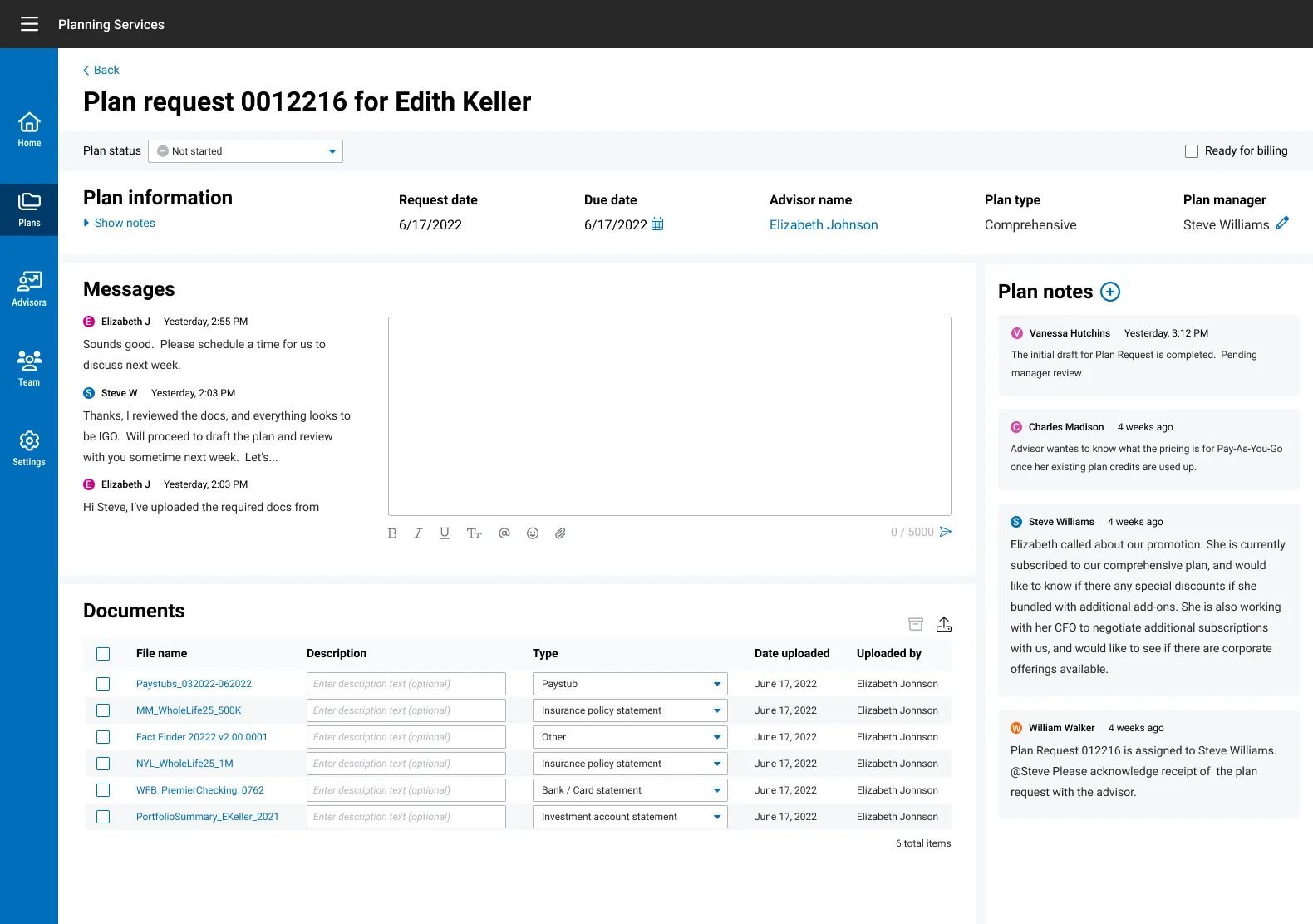 Before: flat Messages chat plus a separate Plan notes column