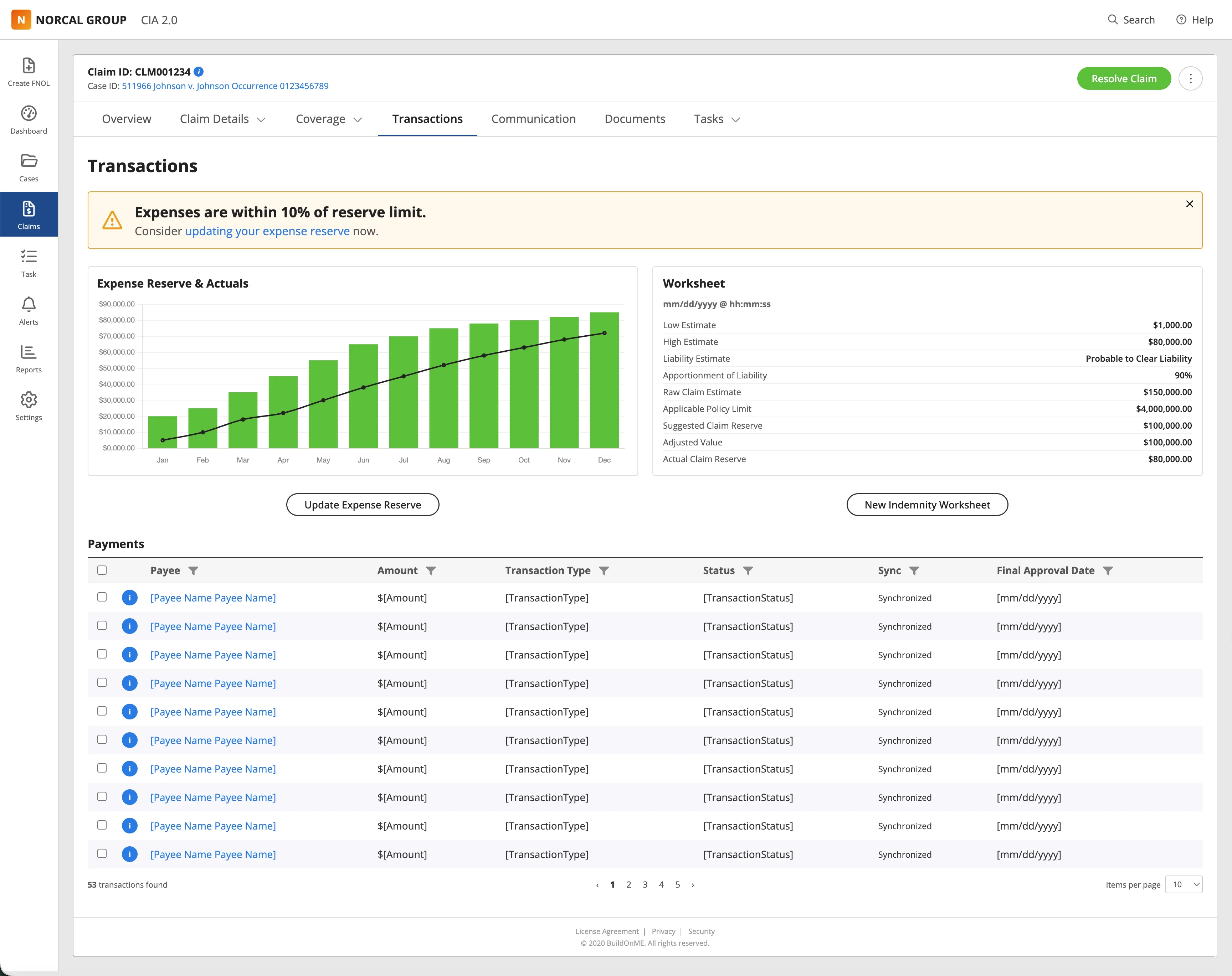 CIA 2.0 Transactions: a within-10%-of-reserve-limit alert, an expense reserve and actuals chart, the indemnity worksheet, and the payments ledger