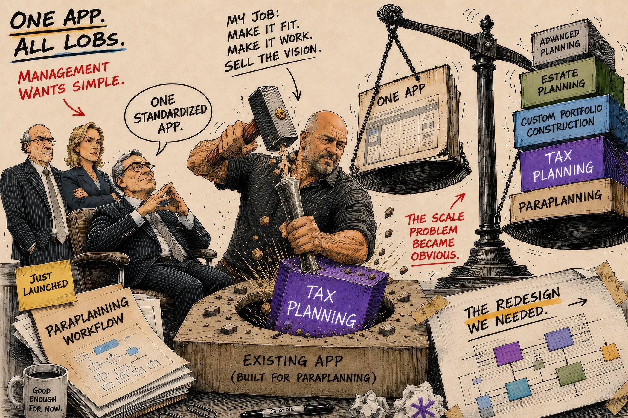 A hand-drawn cartoon titled “One app. All LOBs.” Three executives lounge with their feet up and arms folded: “Management wants simple,” reads one label; “One standardized app,” says a speech bubble. At the centre a designer swings a sledgehammer to drive a purple Tax Planning block into a hole cut in a stone slab labelled “Existing app (built for Paraplanning),” chips flying. An arrow marks his task: “My job: make it fit. Make it work. Sell the vision.” On the right a scale tips badly, one small pan holding a single app screen, outweighed by a stack of five crates: Paraplanning, Tax Planning, Custom Portfolio Construction, Estate Planning, and Advanced Planning. A note reads “The scale problem became obvious.” In the foreground sit a “Just launched” sticky note on the Paraplanning workflow, a mug reading “Good enough for now,” and a set of wireframes captioned “The redesign we needed.”